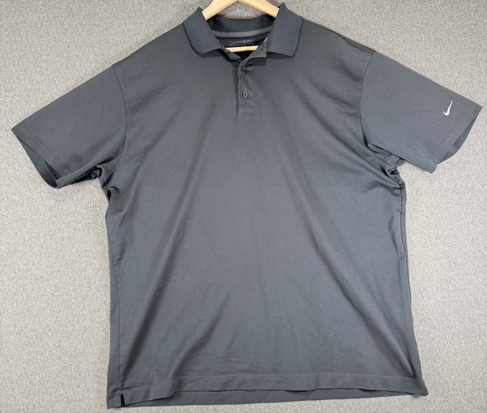 Nike Mens Charcoal Gray Polo Shirt Short Sleeve White Sleeve Swoosh READ